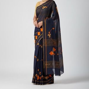 Elegant Navy Blue and Orange Saree